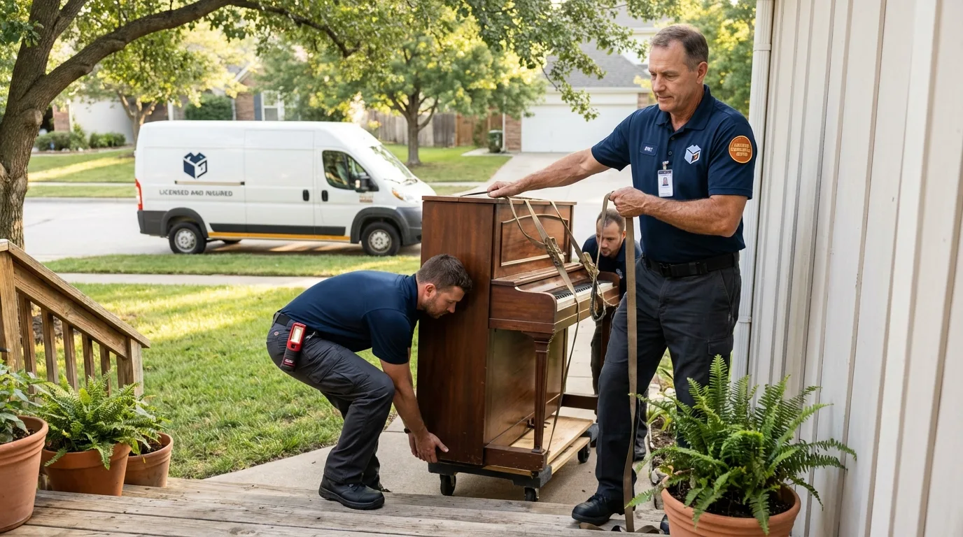 Licensed piano movers securing grand piano in Hawthorne, FL