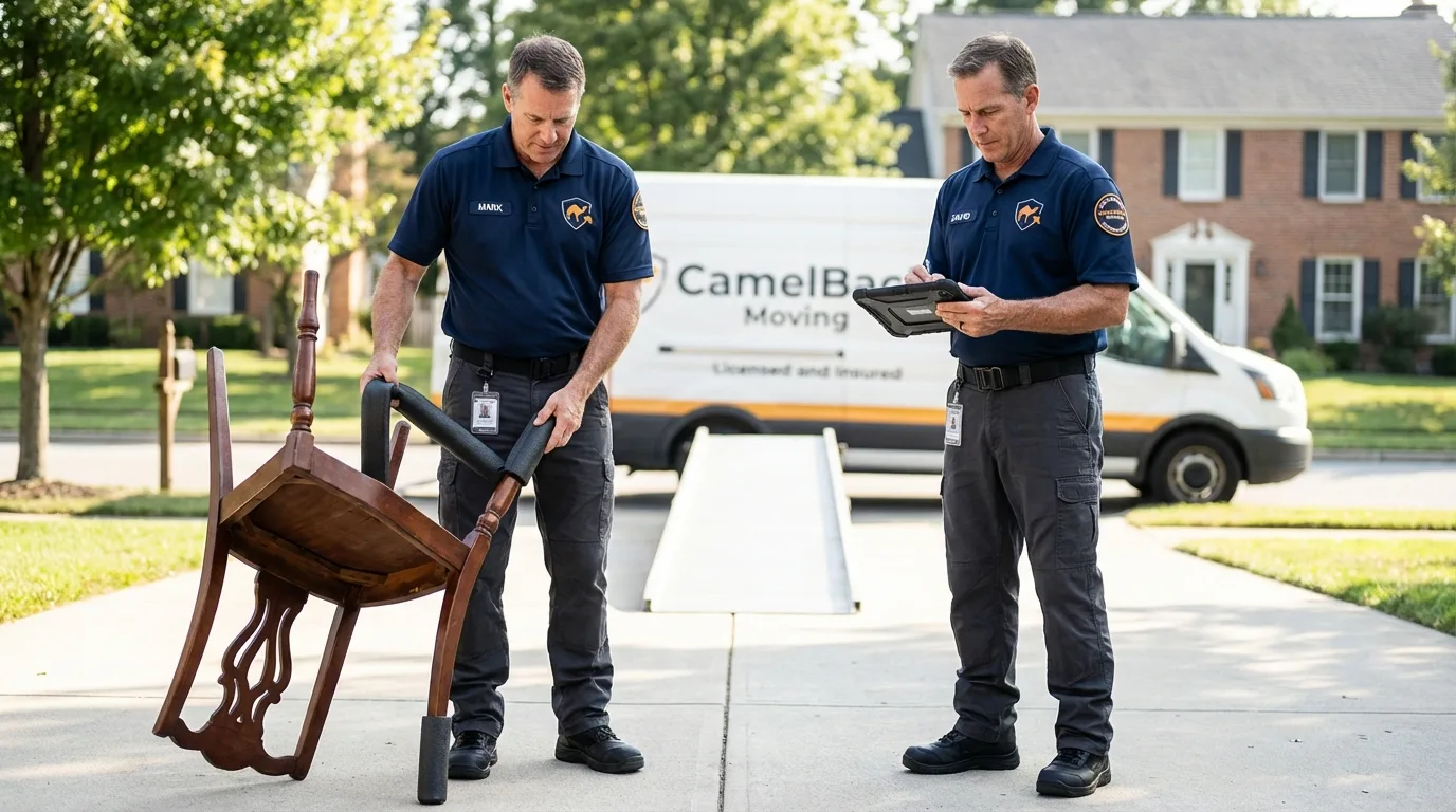 Movers inspecting furniture for damage prevention before loading in Hawthorne, FL