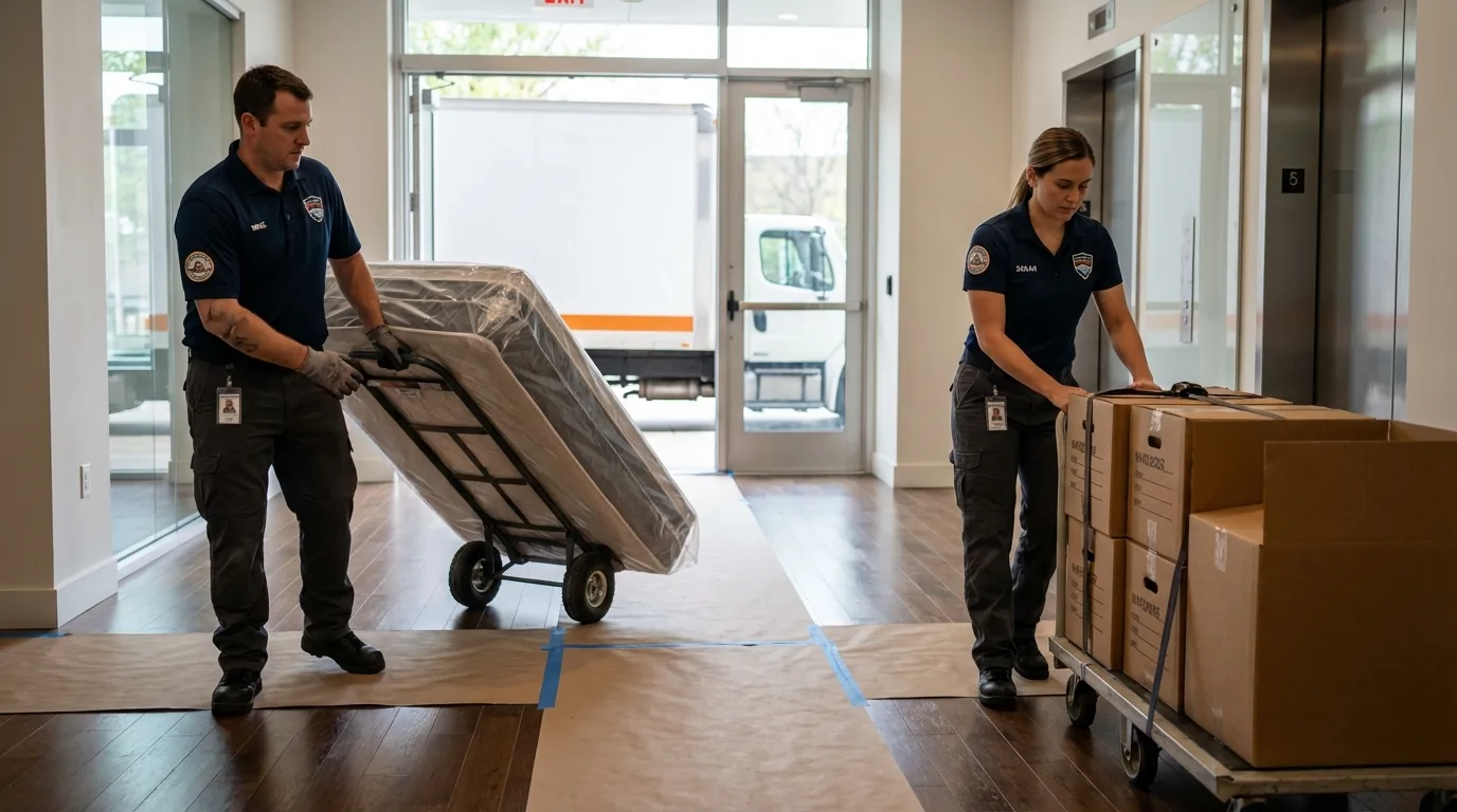 Professional apartment movers loading elevator in Hawthorne, FL