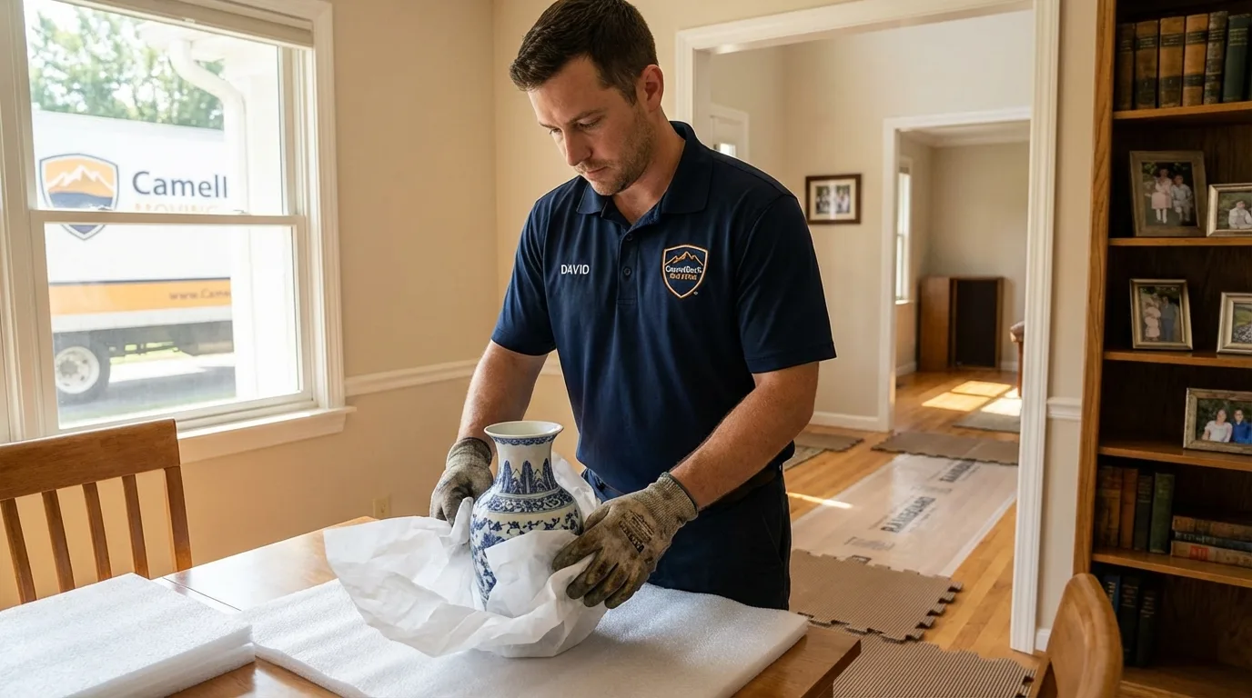 Professional crew carefully wrapping antique vase for senior downsizing move in Hawthorne, FL